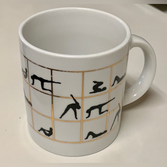 1980s Vintage Gold Trim Lattice Ceramic Yoga Poses Aerobic Exercise Coffee Mug - Picture 14 of 16